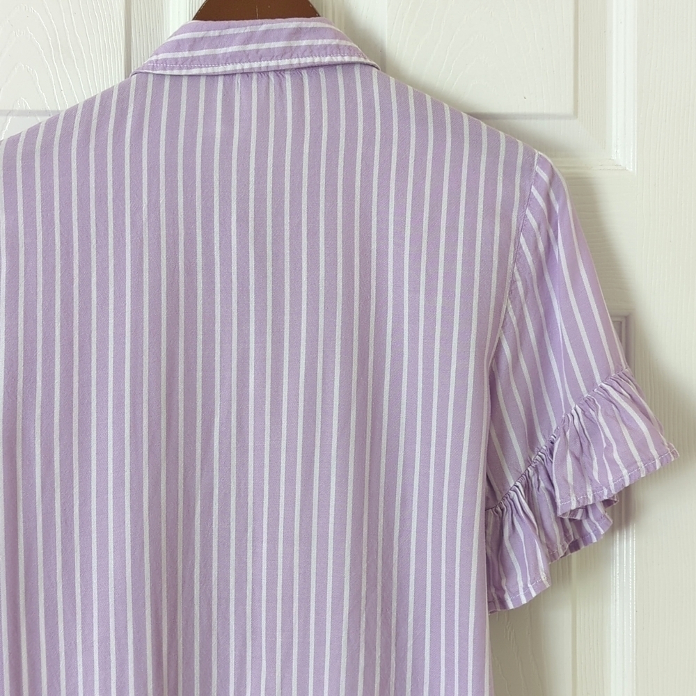 Beach Lunch Lounge Striped Ruffled Short Sleeve Button Down Blouse Purple XS - Picture 10 of 10